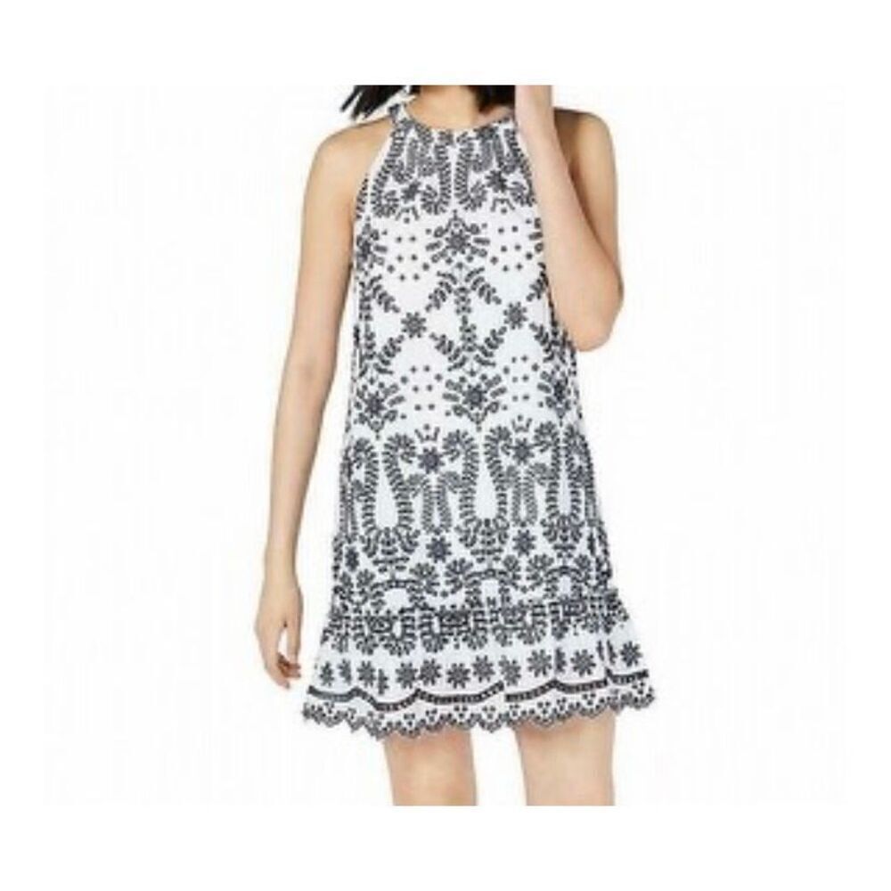 Maison Jules, black/white cotton embroidered ruffled halter style mini dress S/X